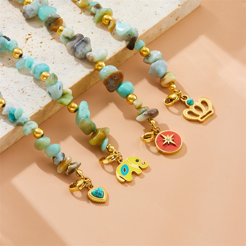 Colorful Natural Stone Turquoise Resin Drip Oil Crown Heart Elephant Star Stainless Steel Bracelet for Women