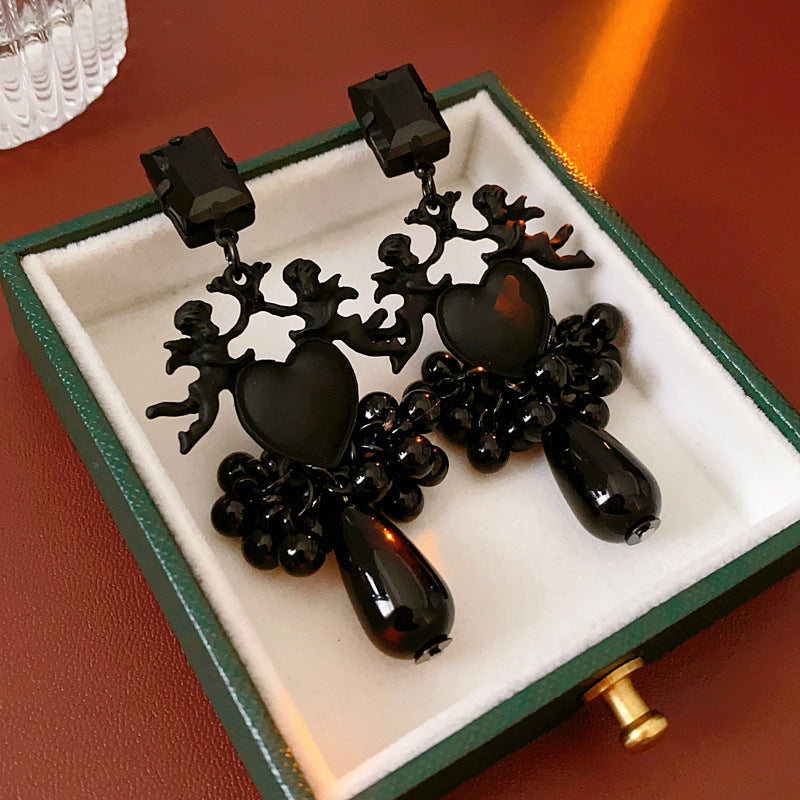 Vintage Heart-Shaped Enamel Alloy Stud Earrings with Tassel Accents for Women