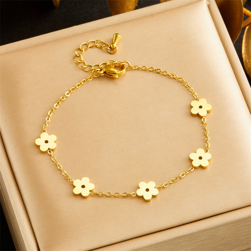 Juego de collar, aretes y pulsera de acero inoxidable estilo coreano minimalista con diseño de flores, chapado en oro para mujer