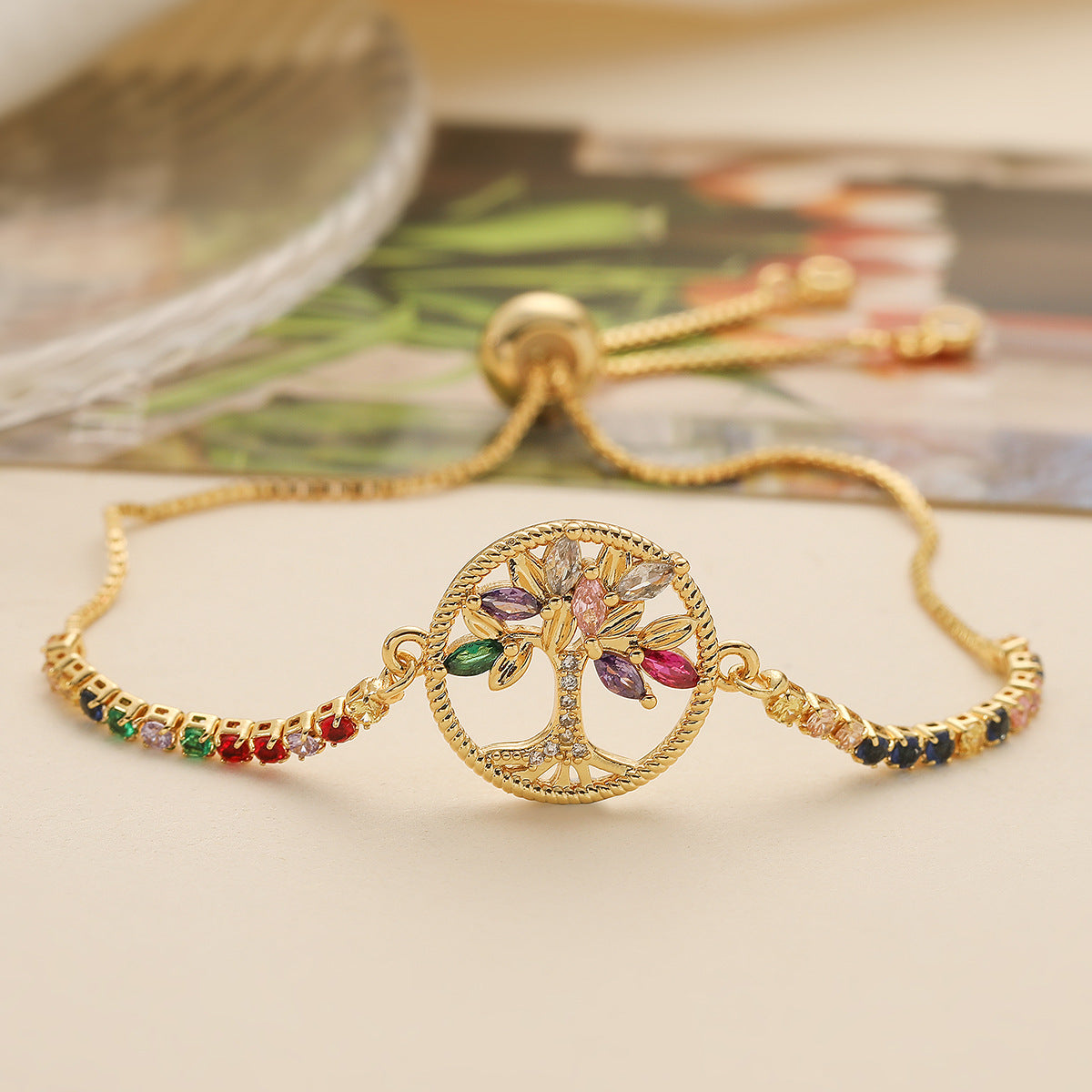 Fashionable Minimalist Life Tree Geometric Bracelet for Women in Copper with 18K Gold Plating and Color Zircon Inlay