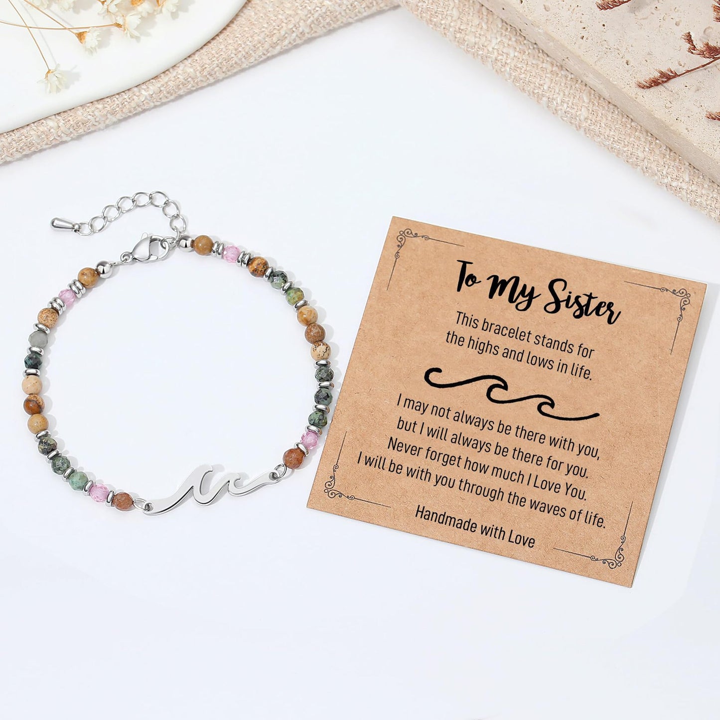 4mm Natural Stone Beaded Stainless Steel Wave Bracelet for Women