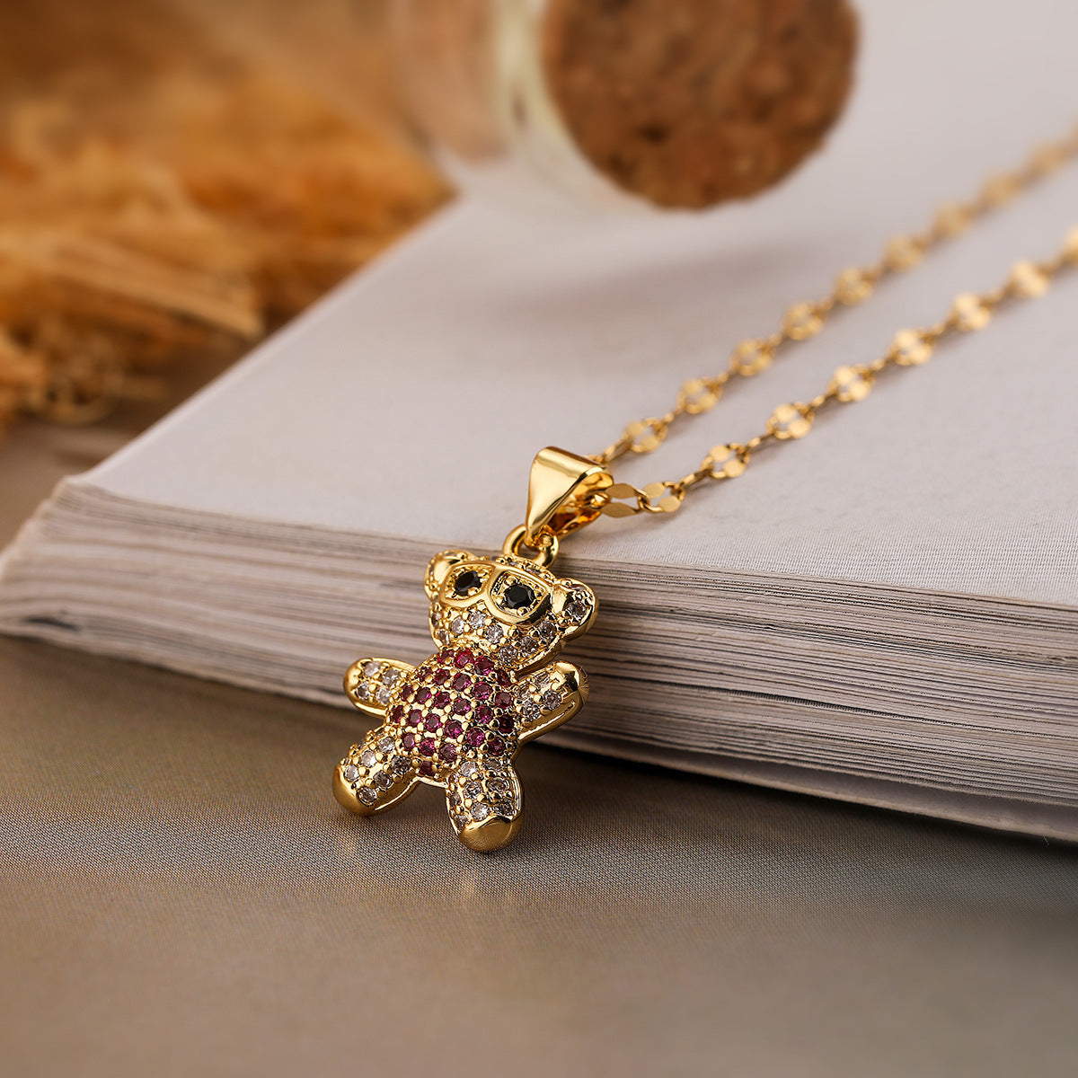 Cute Bear Pendant Necklace for Women in Copper with Real Gold Plating and Zircon Inlay, Minimalist Style Locket Chain