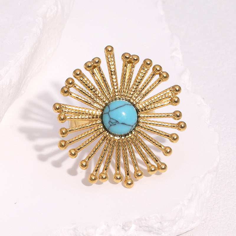Anello aperto da donna minimalista placcato oro 18 carati in acciaio inossidabile con motivo floreale a dente di leone