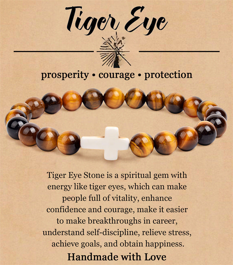 Vintage Bohemian 8mm Agate Cross Beaded Bracelet Unisex Religious Handmade Jewelry