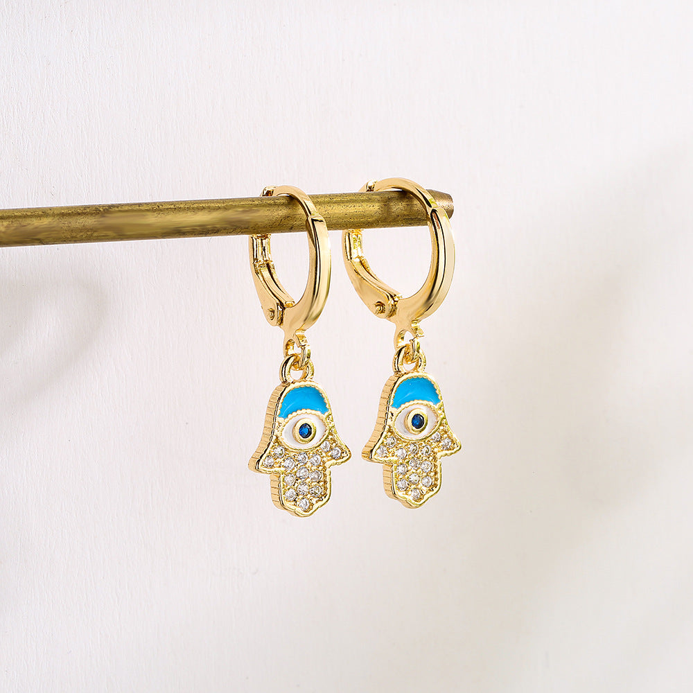 Vintage-Style Geometric Copper Earrings with 18K Gold Plating and Enamel Finish Featuring Hand and Eye Motifs for Women
