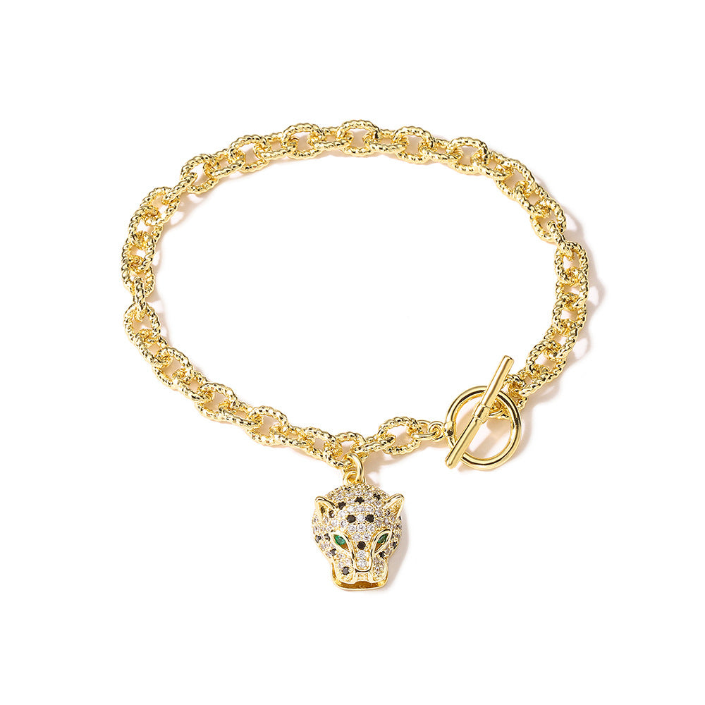 Hip Hop Style Leopard Head Pendant Bracelet for Women Made of Brass with 18K Gold Plating and Zircon Inlay