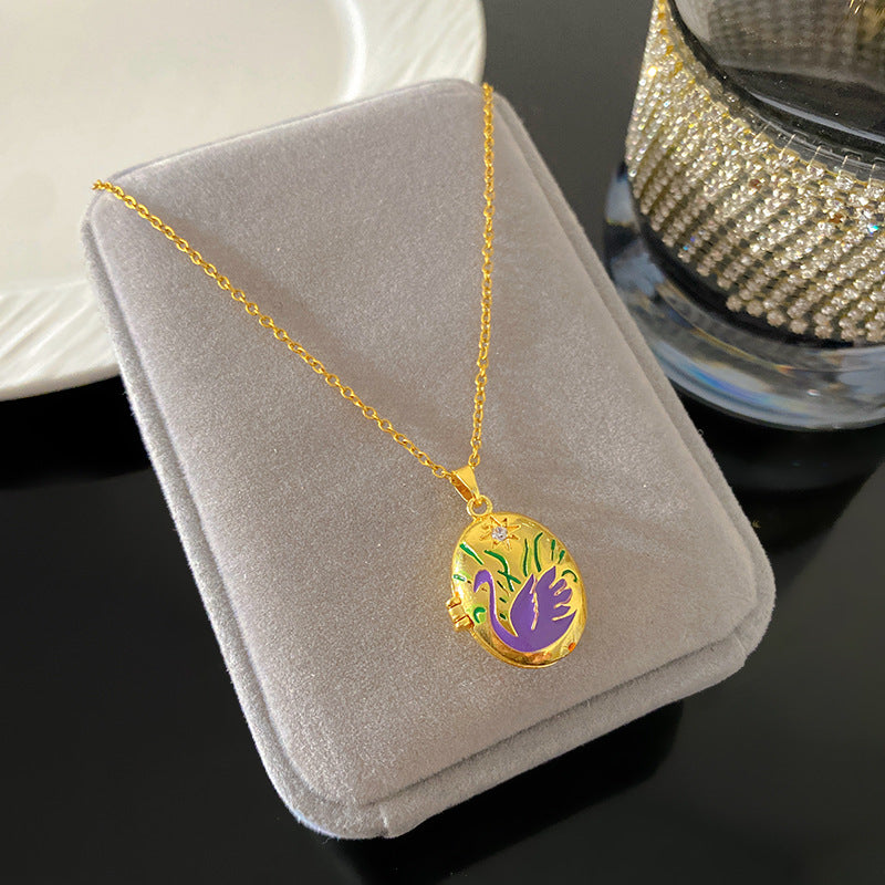 Vintage Enamel Drip Oil Oval Heart Brass Pendant Titanium Steel Necklace Cable Chain