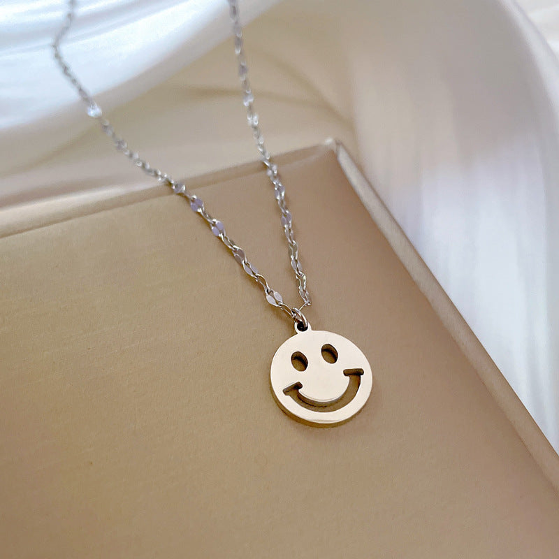 Minimalist Geometric Smiley Face Pendant Necklace for Women in Titanium Steel with Gold Plating