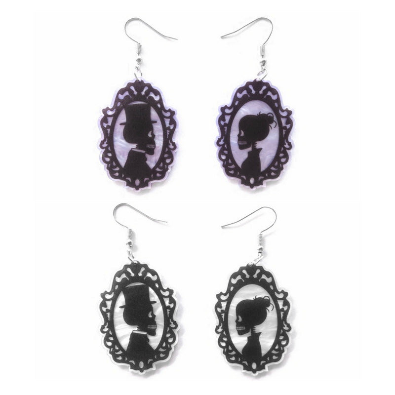 Pendientes góticos de Halloween con diseño asimétrico de calavera zombie y novia y novio fantasma de acrílico estilo vintage de dibujos animados