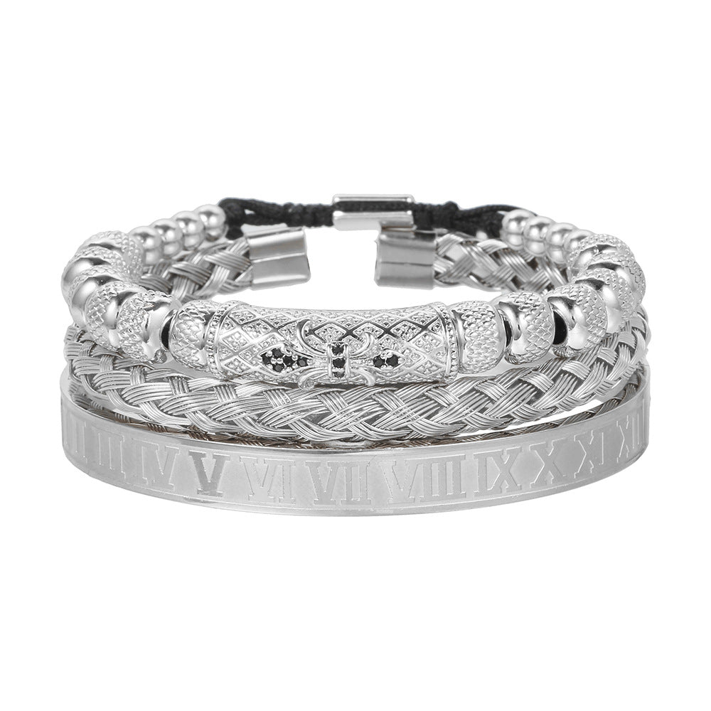 Vintage Geometric Letter Woven Stainless Steel Bracelet with Cubic Zirconia and Drip Oil