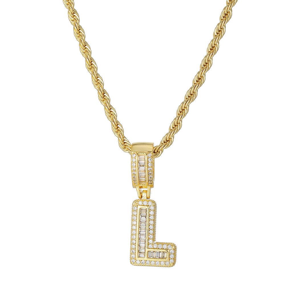 Personalized 18K Gold Plated Brass Cubic Zirconia Letter Pendant Necklace with Stainless Steel Rope Chain
