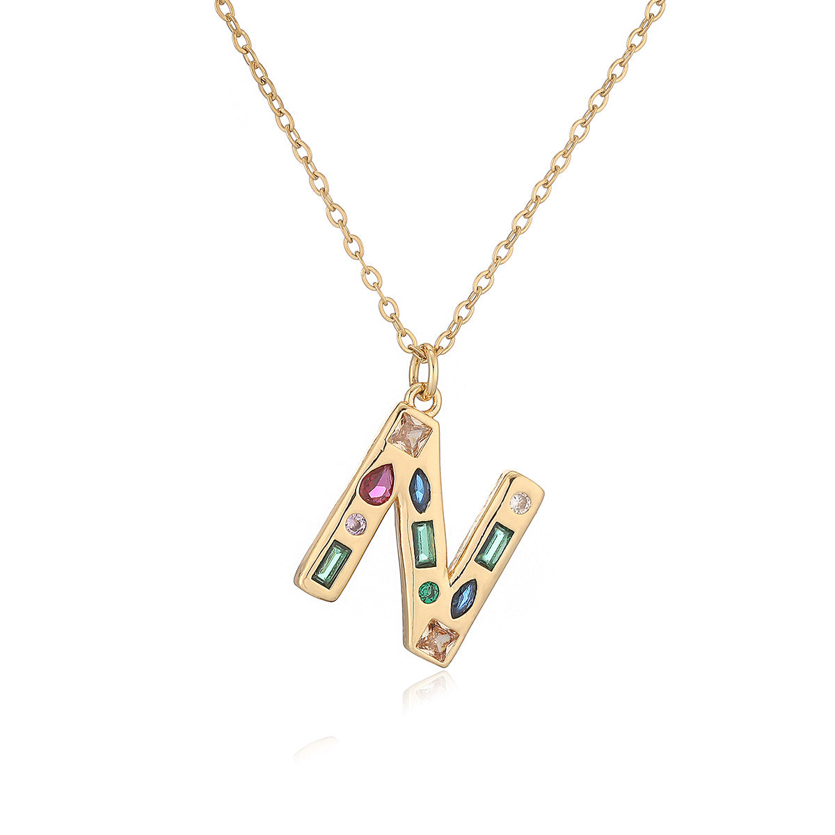 Minimalist Letter Shape Copper Pendant Necklace with 18K Gold Plating and Colored Zircon Inlay for Women
