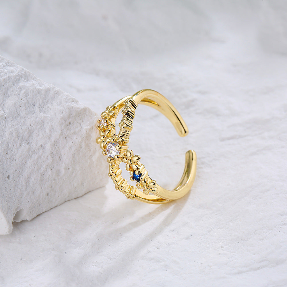 Anello Aperto Geometrico Minimalista da Donna in Rame con Placcatura in Oro Vero e Intarsi in Zircone