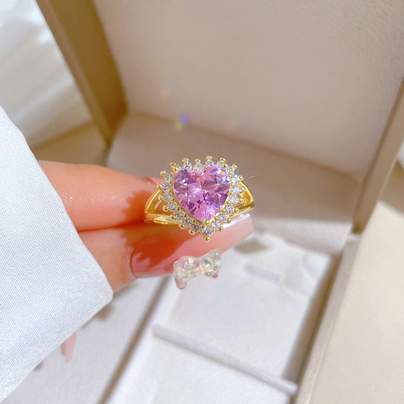 Heart-Shaped Pink Adjustable Ring Brass Plated Kawaii Fresh and Sweet Women's Band