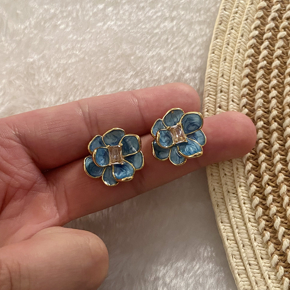 Vintage Floral Enamel Stainless Steel Stud Earrings with Botanical Flower Design for Women