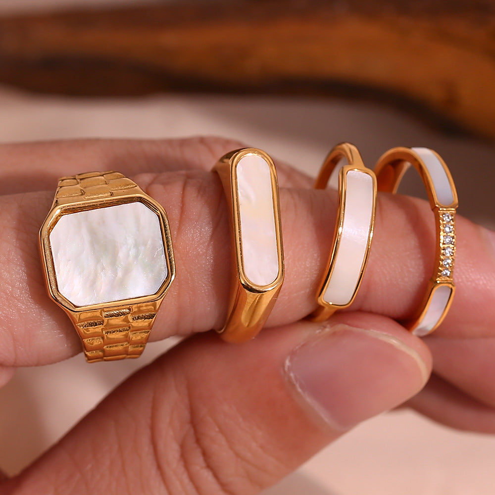 Minimalist Geometric Titanium Steel Ring with Gold Plating and Shell-Inspired Design for Women