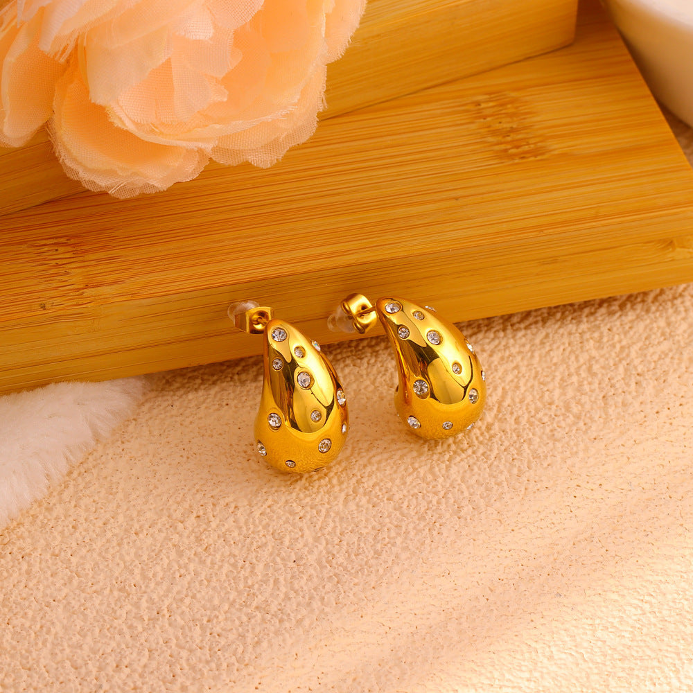 Pendientes de acero inoxidable con forma de gota de agua, incrustaciones de circonio y chapado en oro para mujer