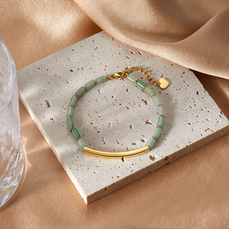 Pulsera geométrica de acero inoxidable de moda con baño de oro de 18 quilates y cuentas de jade Dongling verde para mujer