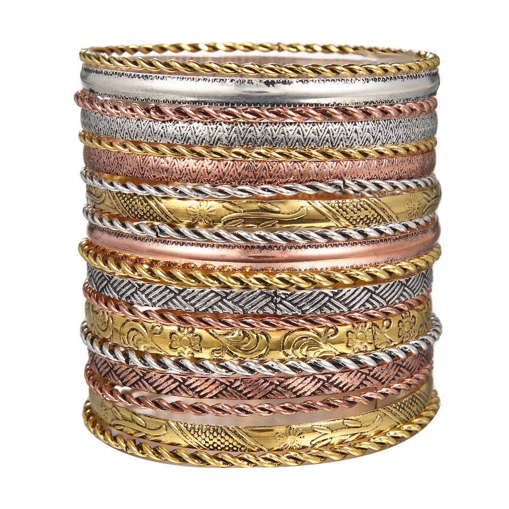Vintage Ethnic Geometric Round Gold Plated Alloy Bracelet Set