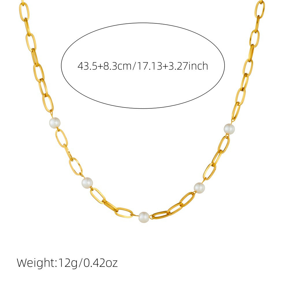 Fashion Gold Plated Stainless Steel Curb Chain Necklace with Pearl Accent for Women