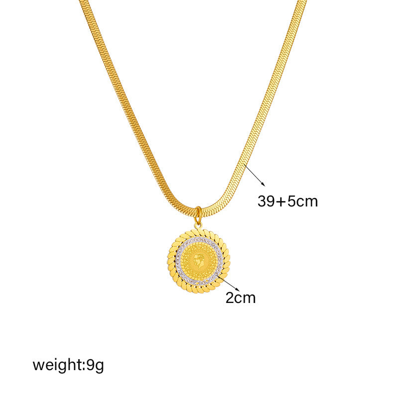 Vintage-Style Geometric Round Pendant Necklace with Rhinestone Inlay and Plated Titanium Steel Snake Chain for Women
