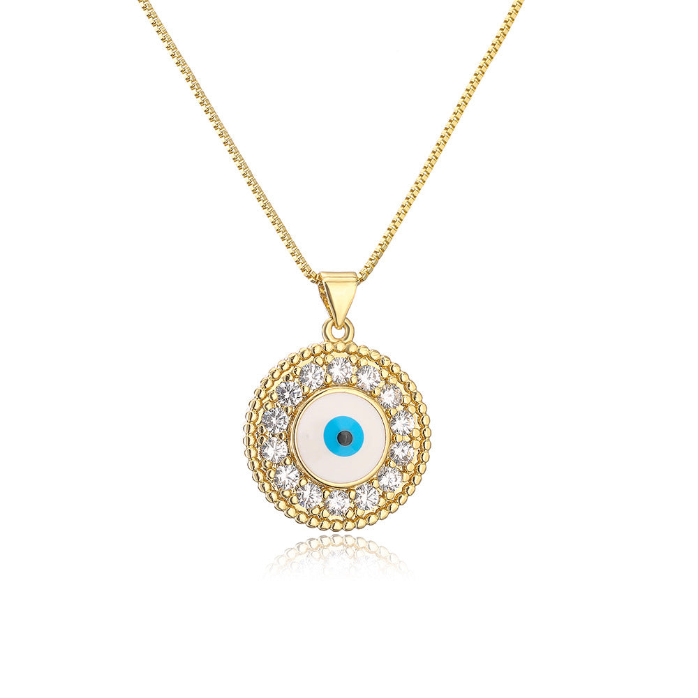 Minimalist Geometric Evil Eye Pendant Necklace in Brass with Enamel Finish and Zircon Inlay