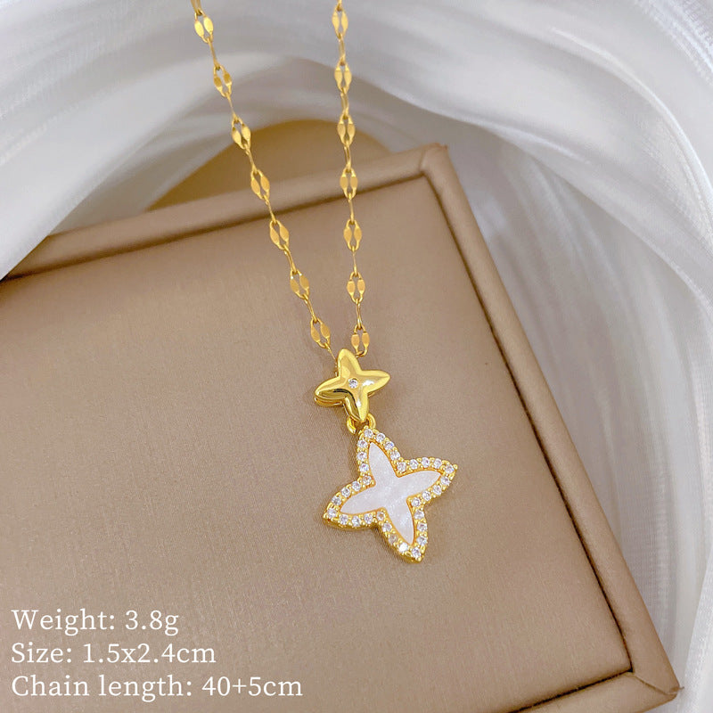Sweet Minimalist Cross Micro-Inlaid Cubic Zirconia Brass Pendant Titanium Steel Necklace for Unisex
