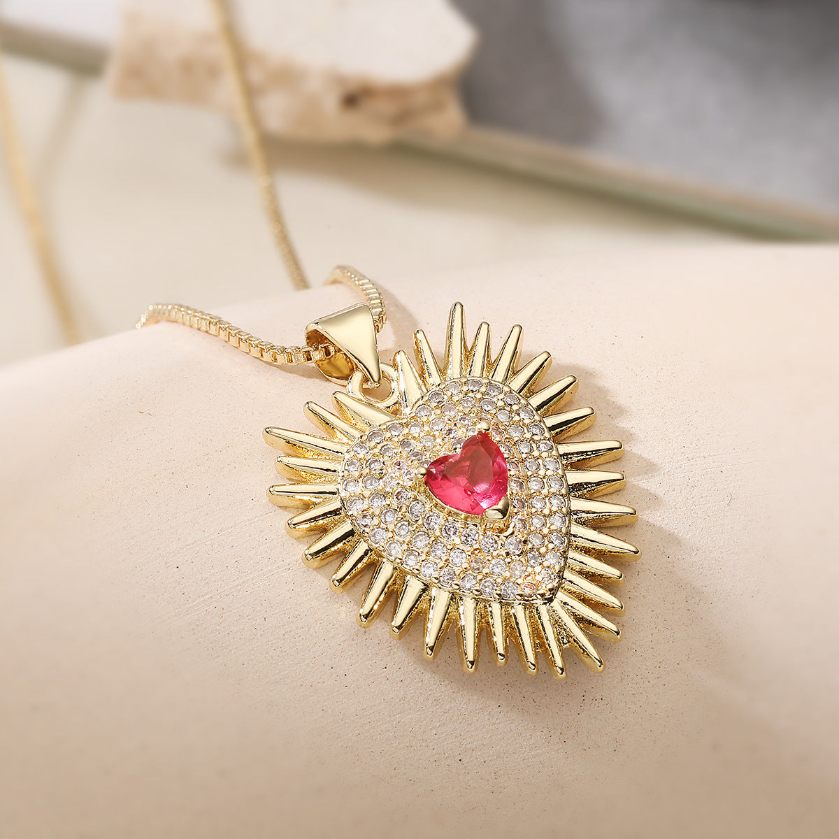 Minimalist Vintage 18K Gold Plated Geometric Heart Cubic Zirconia Pendant Necklace
