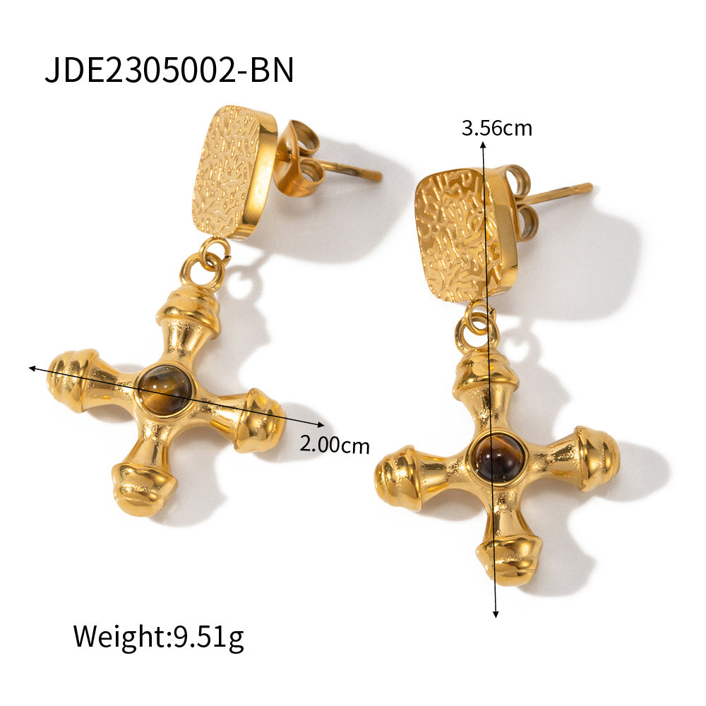 Fashion 18K Gold Plated Stainless Steel Cross Tiger Eye Stone Geometric Earrings for Women