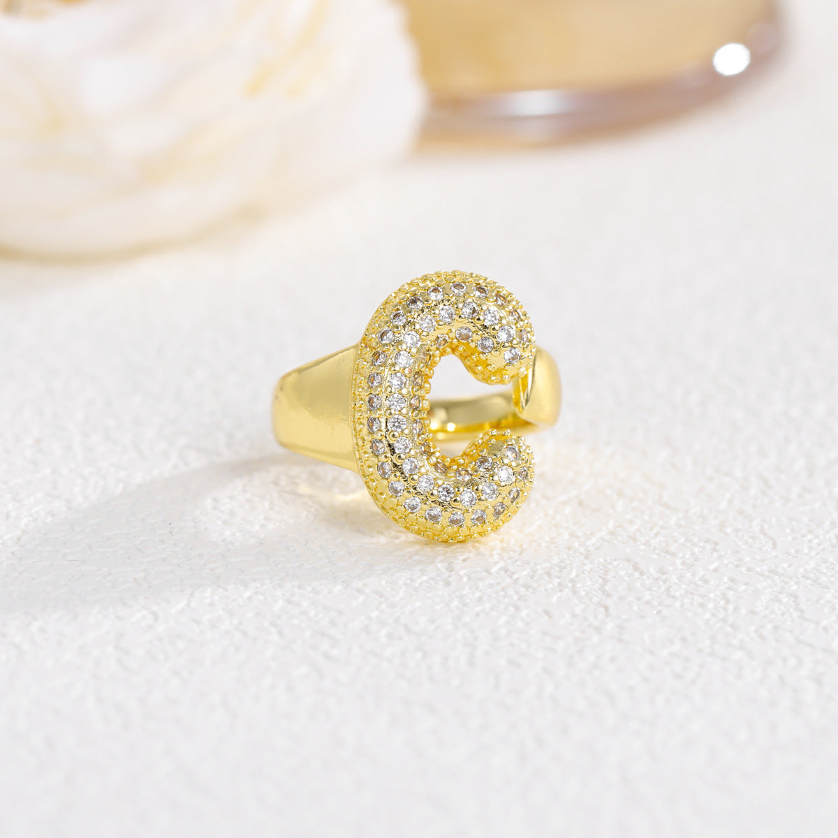 Sweet Plated Brass Letter Ring with Cubic Zirconia Adjustable Open Ring for Women and Men