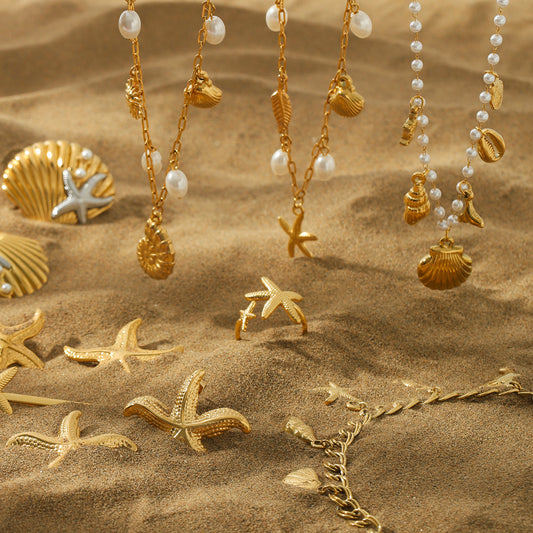 Minimalist Ocean-Inspired Starfish and Seashell Necklace Set in Stainless Steel with Plated Finish for Women