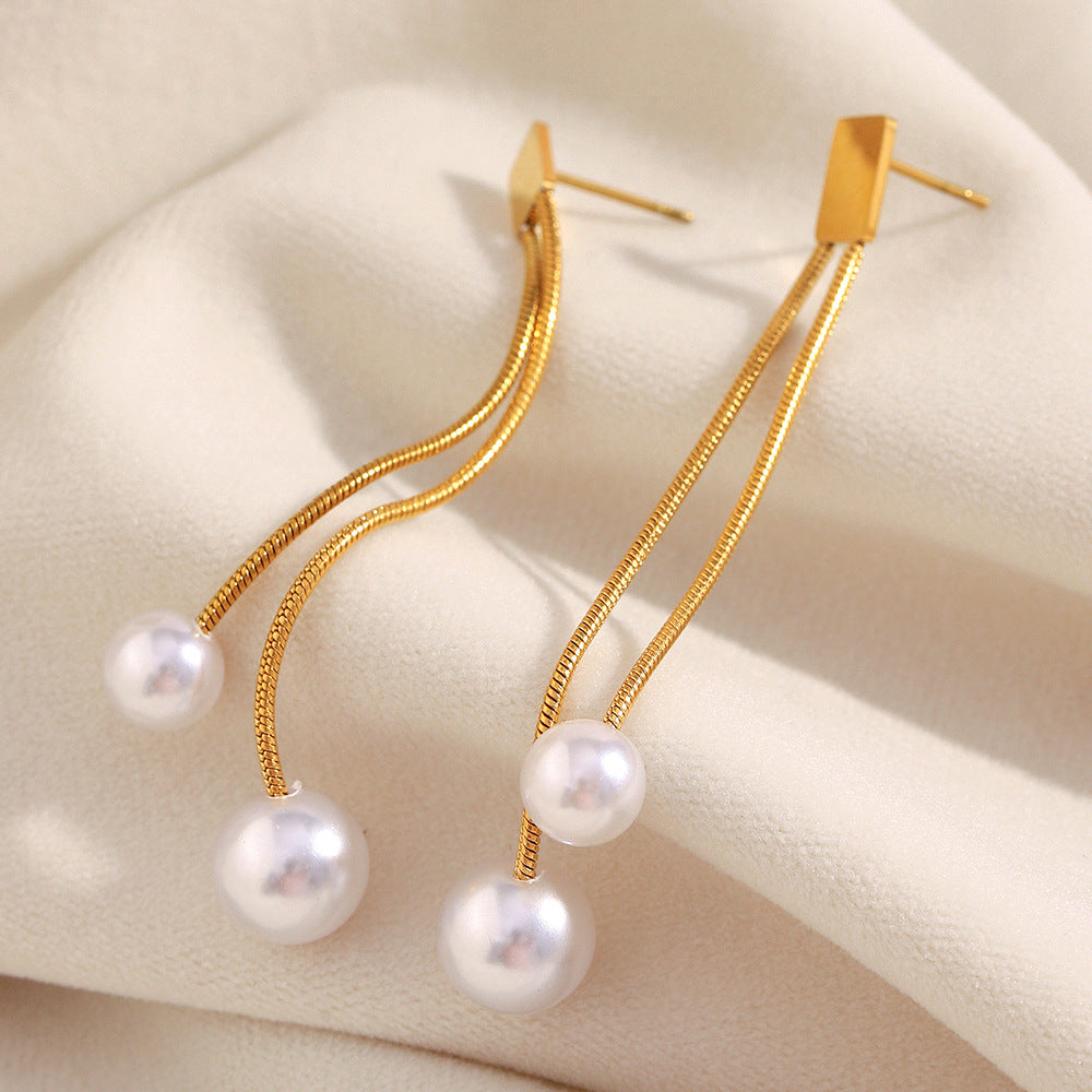 Geometric Vintage-Style Stainless Steel Earrings with 18K Gold Plating and Pearl-Like Dangle for Women