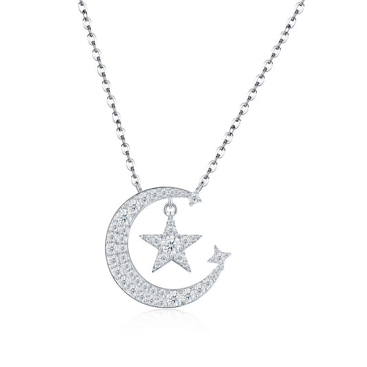 Sweet Minimalist Star Moon Geometric 925 Sterling Silver Moissanite Inlay Necklace for Women