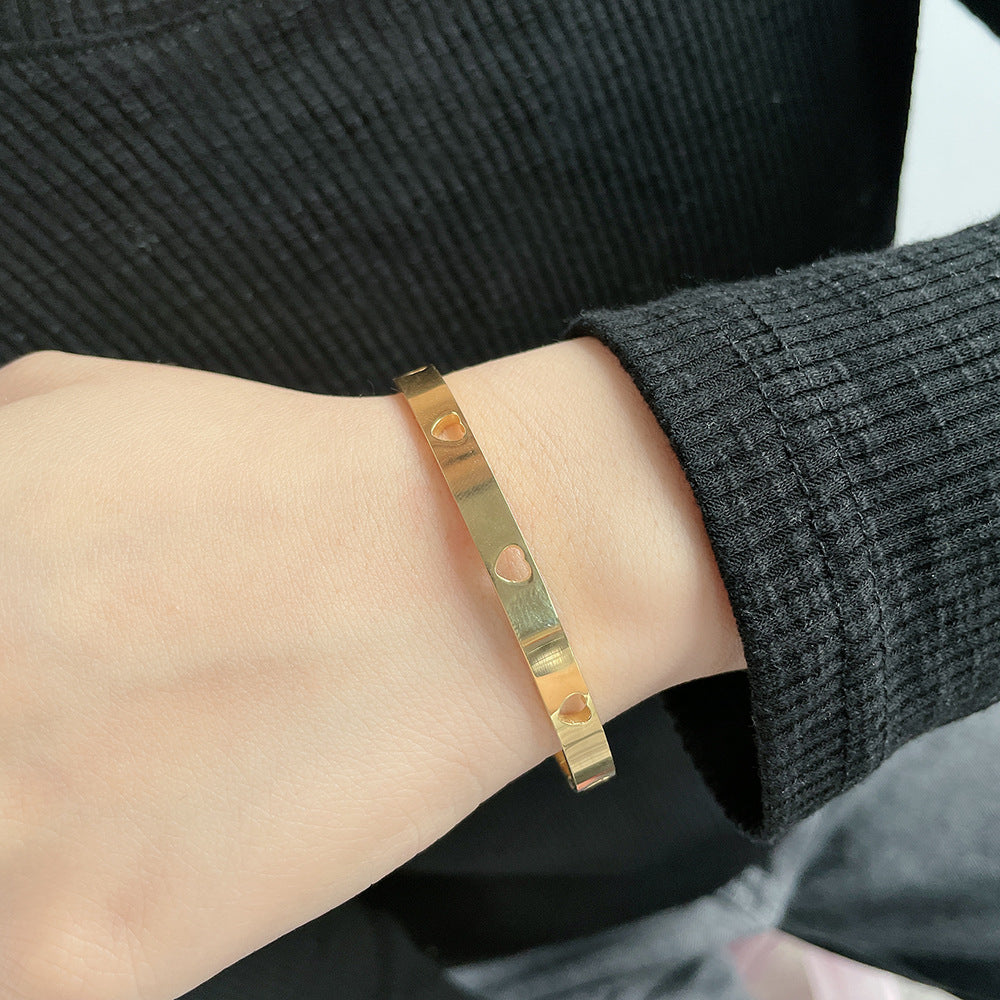 Minimalist Geometric Heart Hollow Titanium Steel Plated Cuff Bracelet Unisex