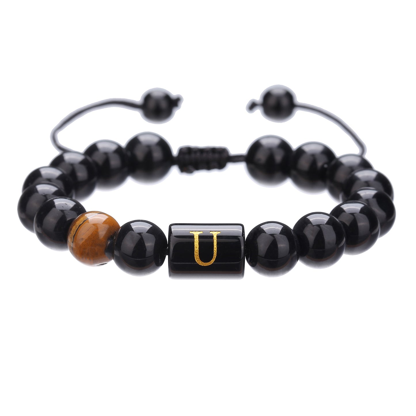 10mm Round Agate Beaded Bracelet with Alphabet Letters Adjustable Unisex