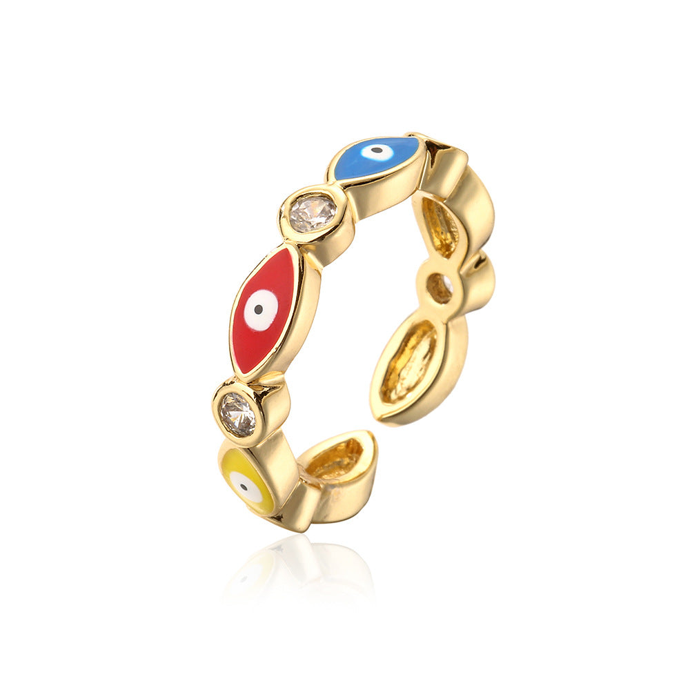 Minimalist Geometric Copper Ring with 18K Gold Plating and Enamel Eye Detail for Women