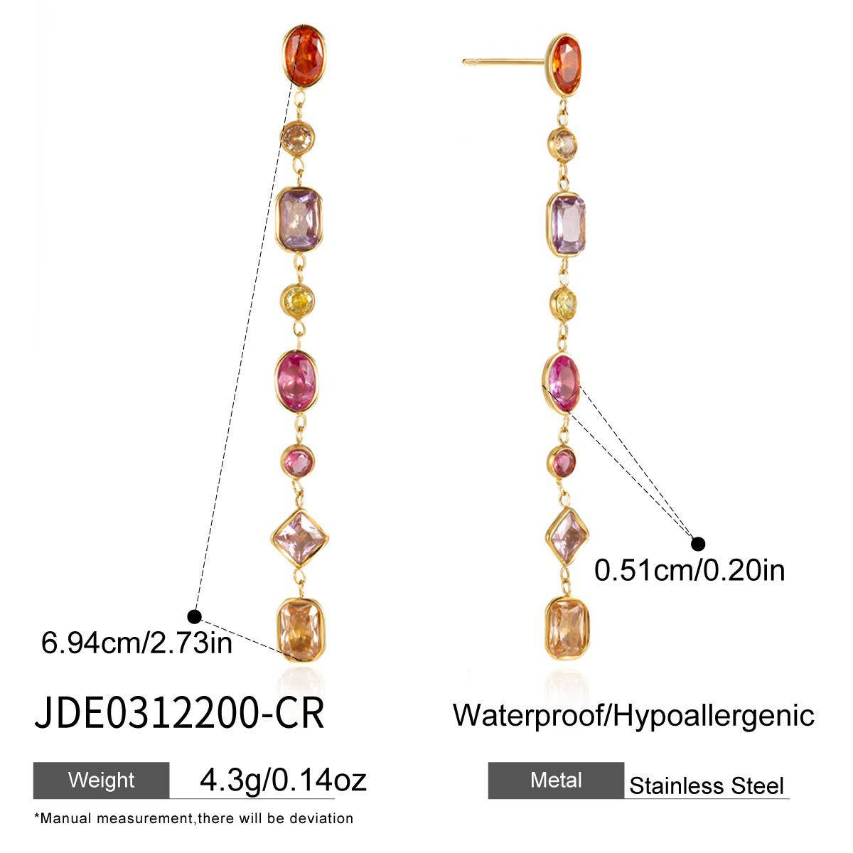 Minimalist Luxury Geometric Titanium Steel PVD Colorful Cubic Zirconia Tassel Earrings for Women