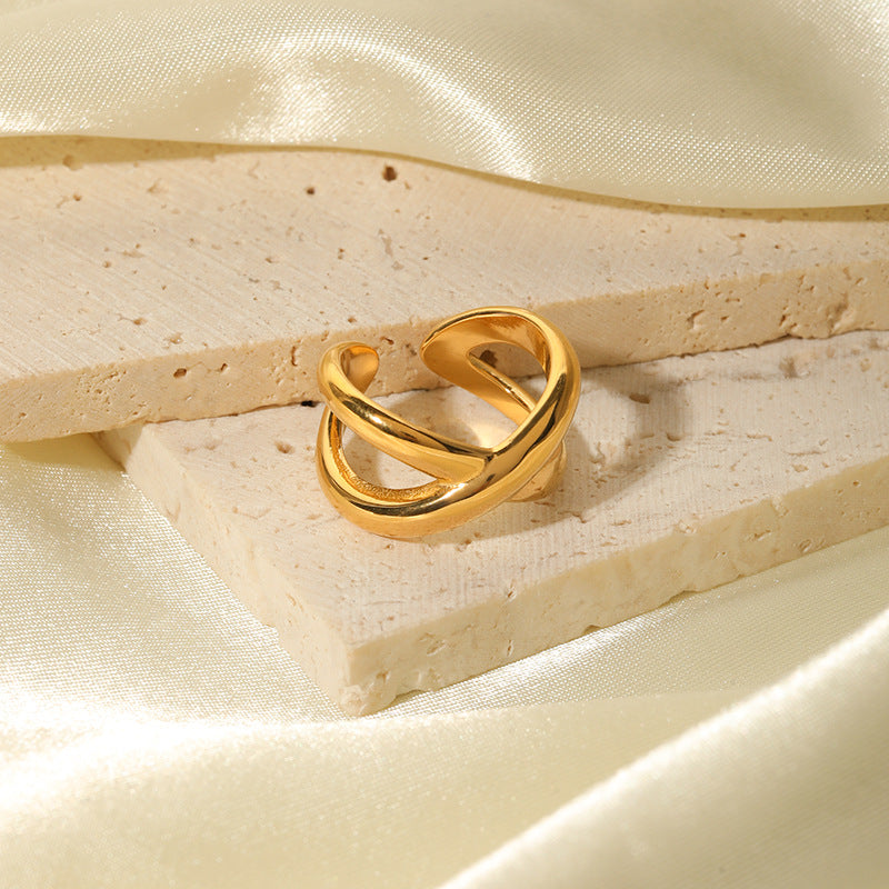 Anello a croce geometrica in acciaio inossidabile placcato oro 18 carati da donna, con fascia aperta regolabile alla moda