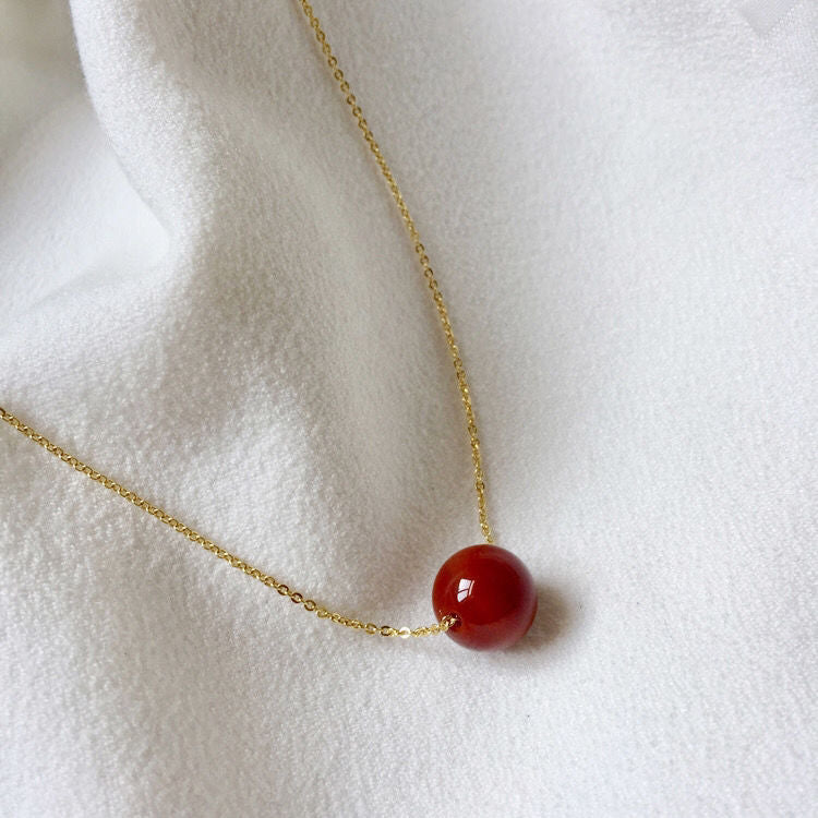 Minimalist Red Agate Plant Shape Gold Plated Brass Pendant Titanium Steel Cable Chain Necklace