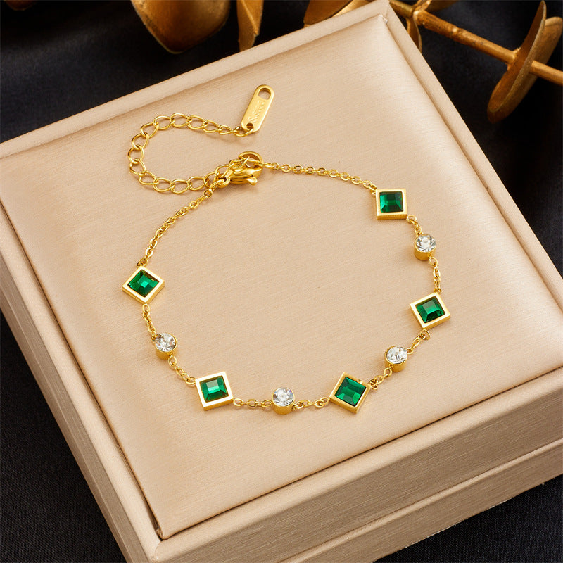 Minimalist Elegant Square Rhinestone Plated Stainless Steel Necklace and Bracelet Set for Women