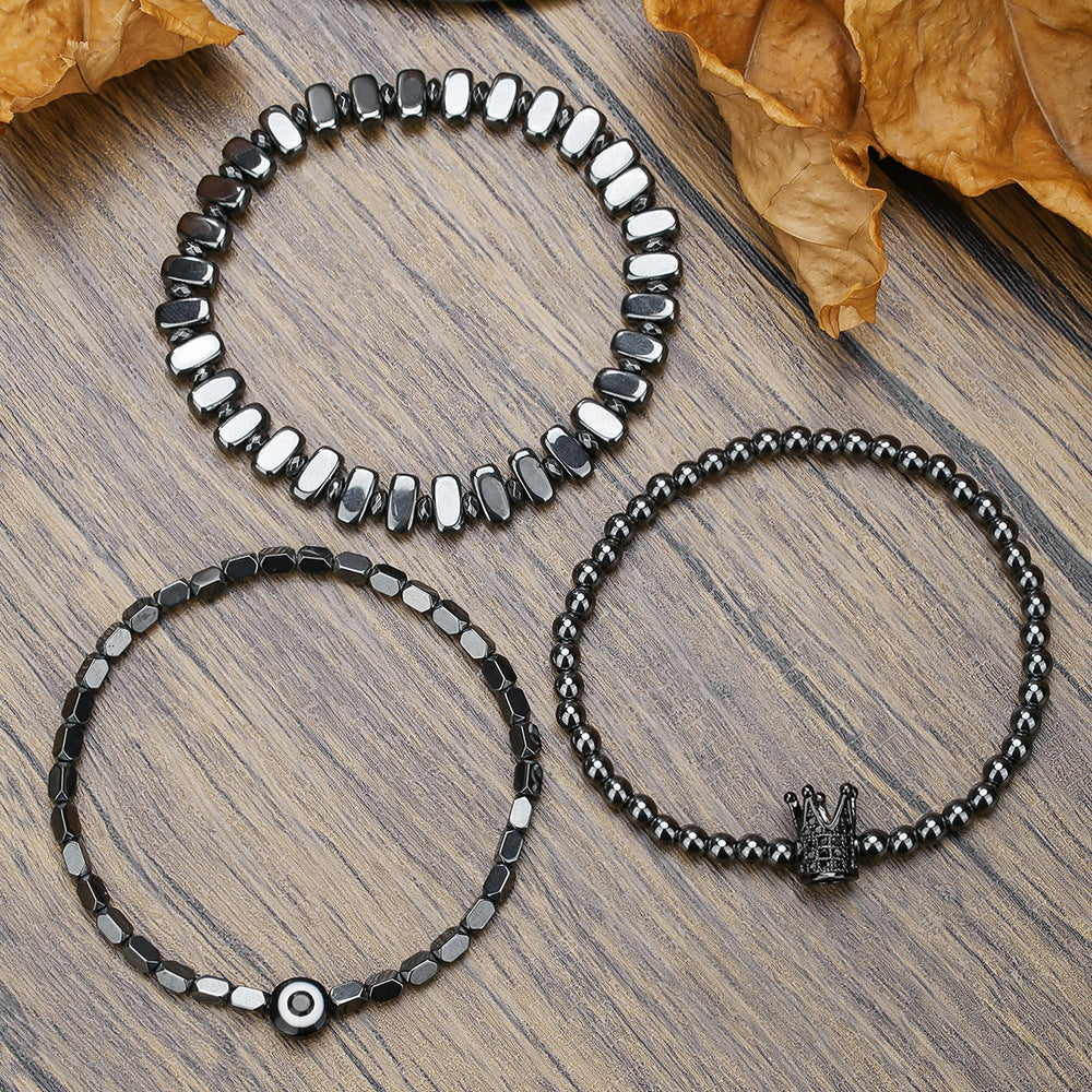 Set di bracciali a strati Punk Dark con ossidiana nera, occhio di Allah e ciondoli a forma di corona in zircone, unisex