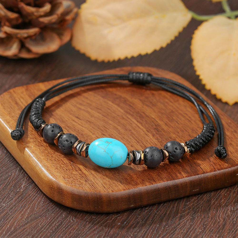 Vintage Geometric Round Hematite Turquoise Handmade Bracelet Unisex Adjustable