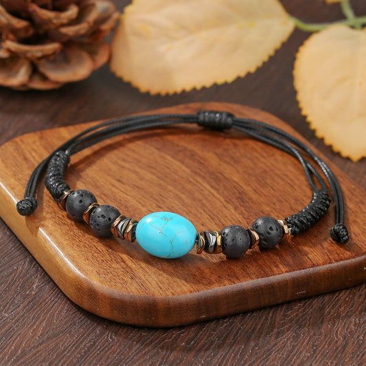 Vintage Geometric Round Hematite Turquoise Handmade Bracelet Unisex Adjustable