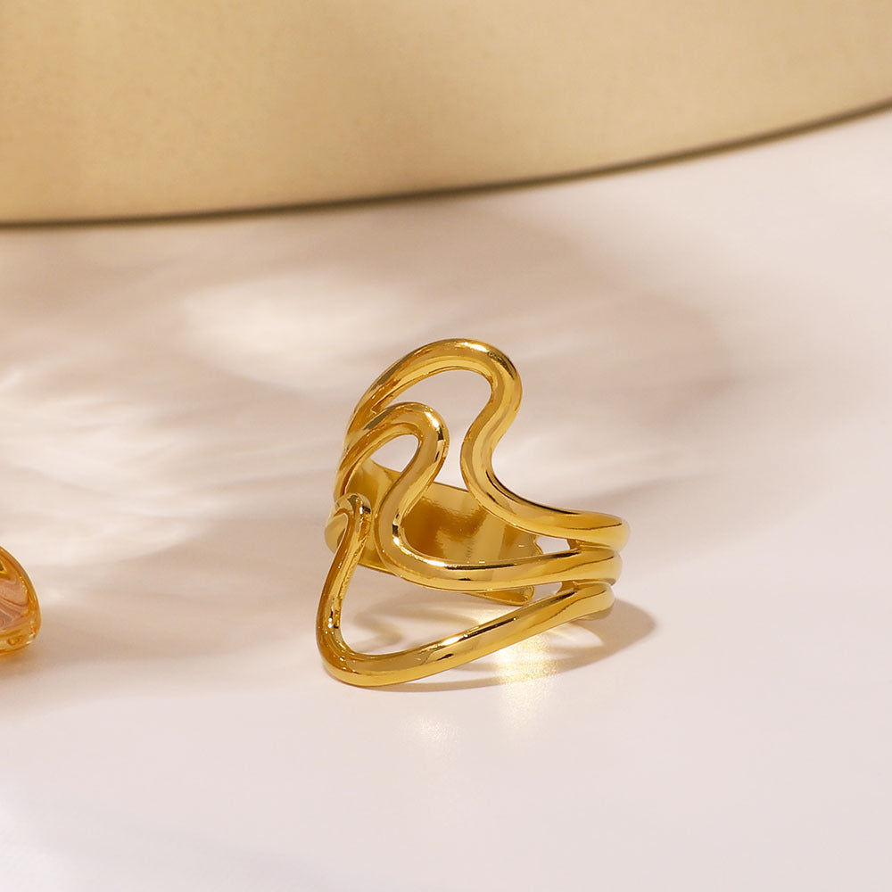 Minimalist 18K Gold Plated Stainless Steel Wavy Open Ring Asymmetric Geometric Design Unisex