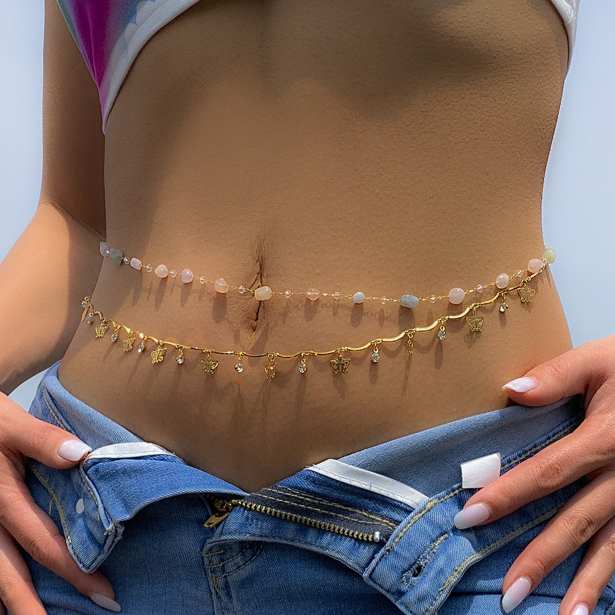 Catenina Minimalista a Doppio Strato da Donna con Farfalla Intagliata e Strass