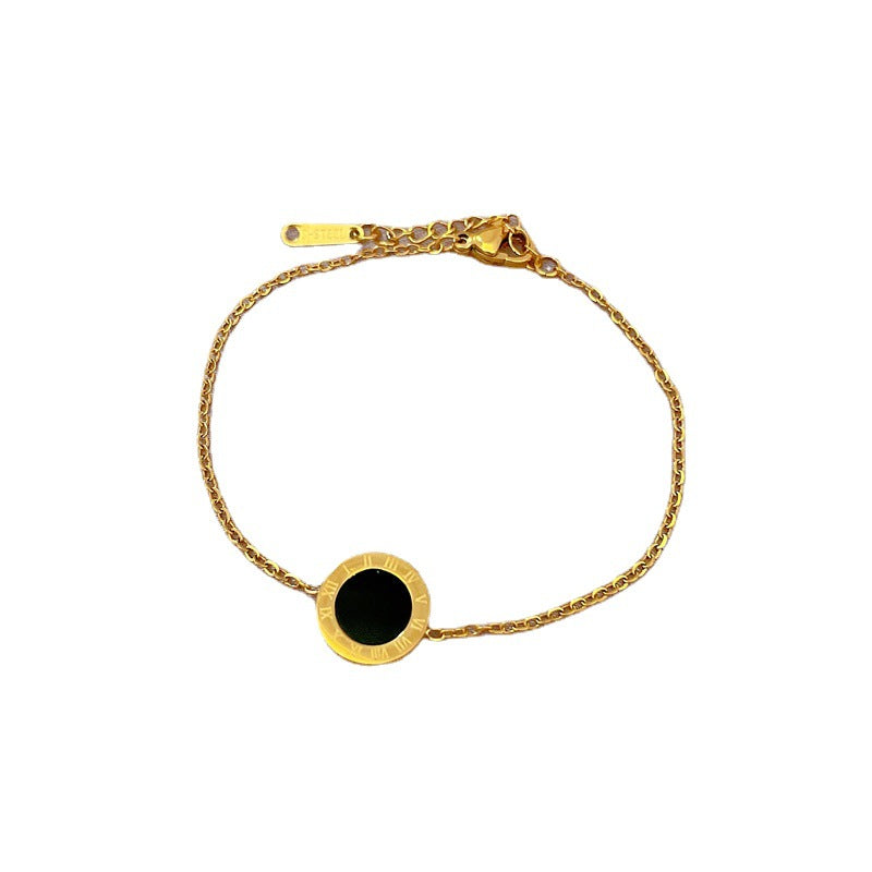 Bracciale vintage in acciaio al titanio con numeri romani e madreperla, placcato oro da donna
