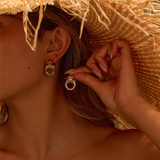 Fashionable Geometric Stainless Steel Earrings with 18K Gold Plating, Hypoallergenic Double-Ring Design for Women