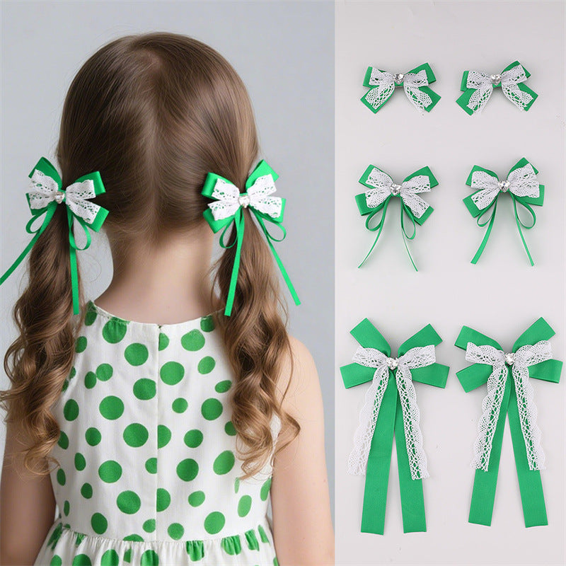 Sweet Cute Bow Hair Clip for Girls with Lace Ribbon and Ruffled Design, Plastic Resin Duckbill Hairpin in Princess Style