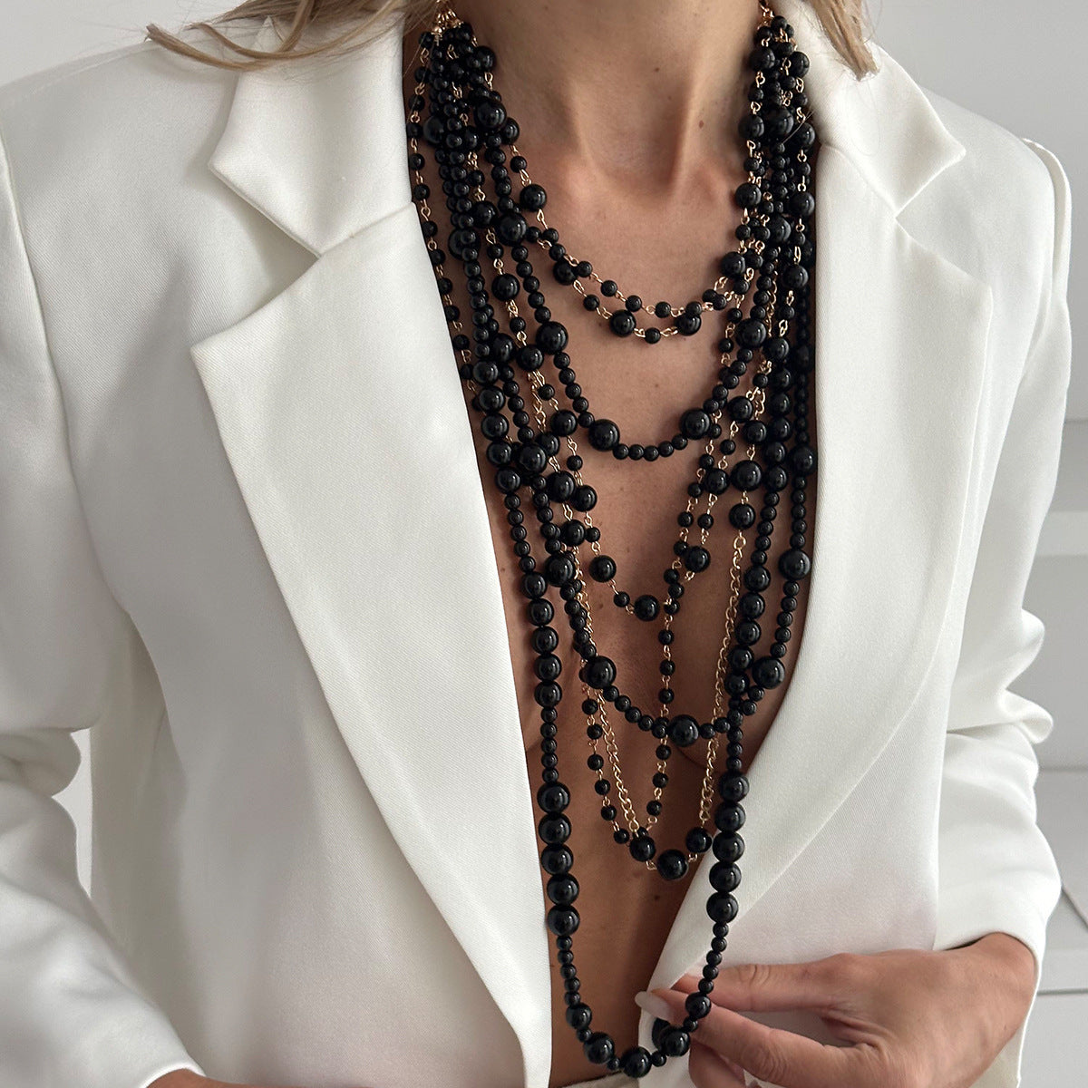 Exaggerated Geometric Faux Pearl Multi-layer Long Handmade Beaded Necklace for Women