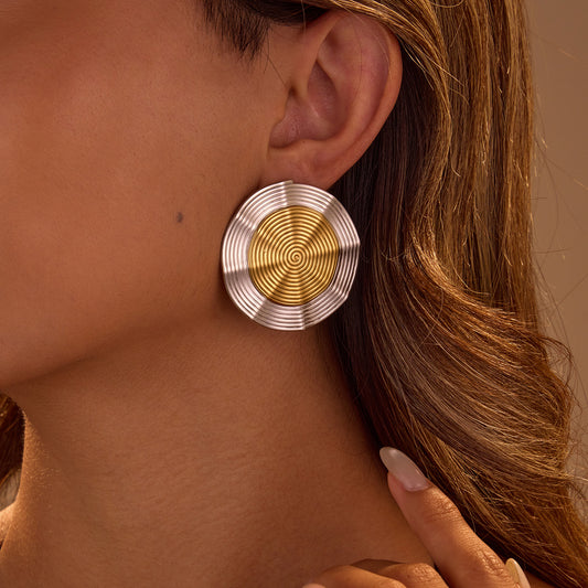 Vintage Round Compass-Shaped Stainless Steel Earrings with 18K Gold Plating for Women